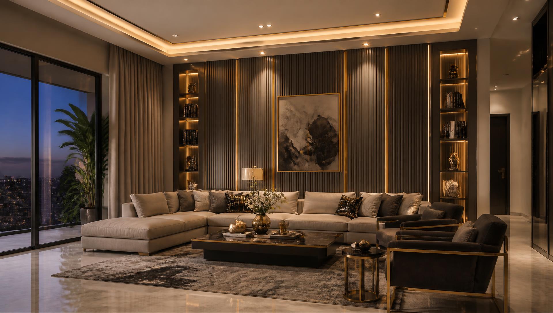 Luxury living room interior with fluted feature wall and cove lighting by Ideal Decore